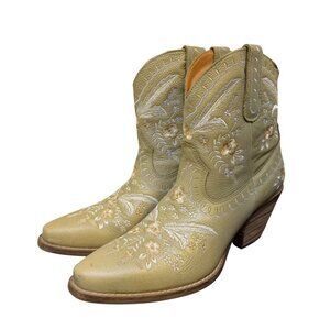 Dingo Embroidered Leather Western Boots Gold Floral Design Size 9